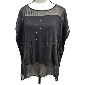 Jennifer Lopez JLo Sheer Black Beaded Blouse Medium Mixed Media Knit Mesh Party